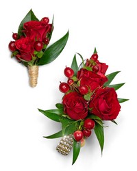 Crimson Corsage and Boutonniere Set from Brennan's Secaucus Meadowlands Florist 